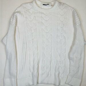 T Tahari Sweater Womens XL White Ivory Cable Knit Crew Neck Pullover Long Sleeve